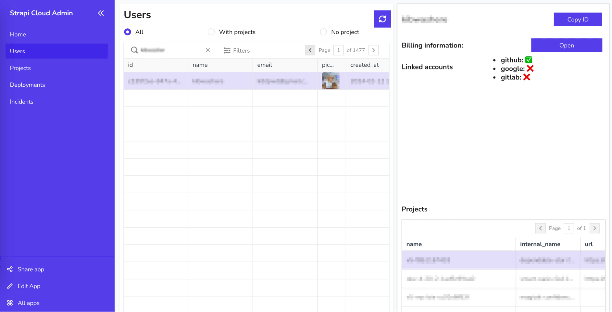A screenshot of Strapi cloud admin panel for support