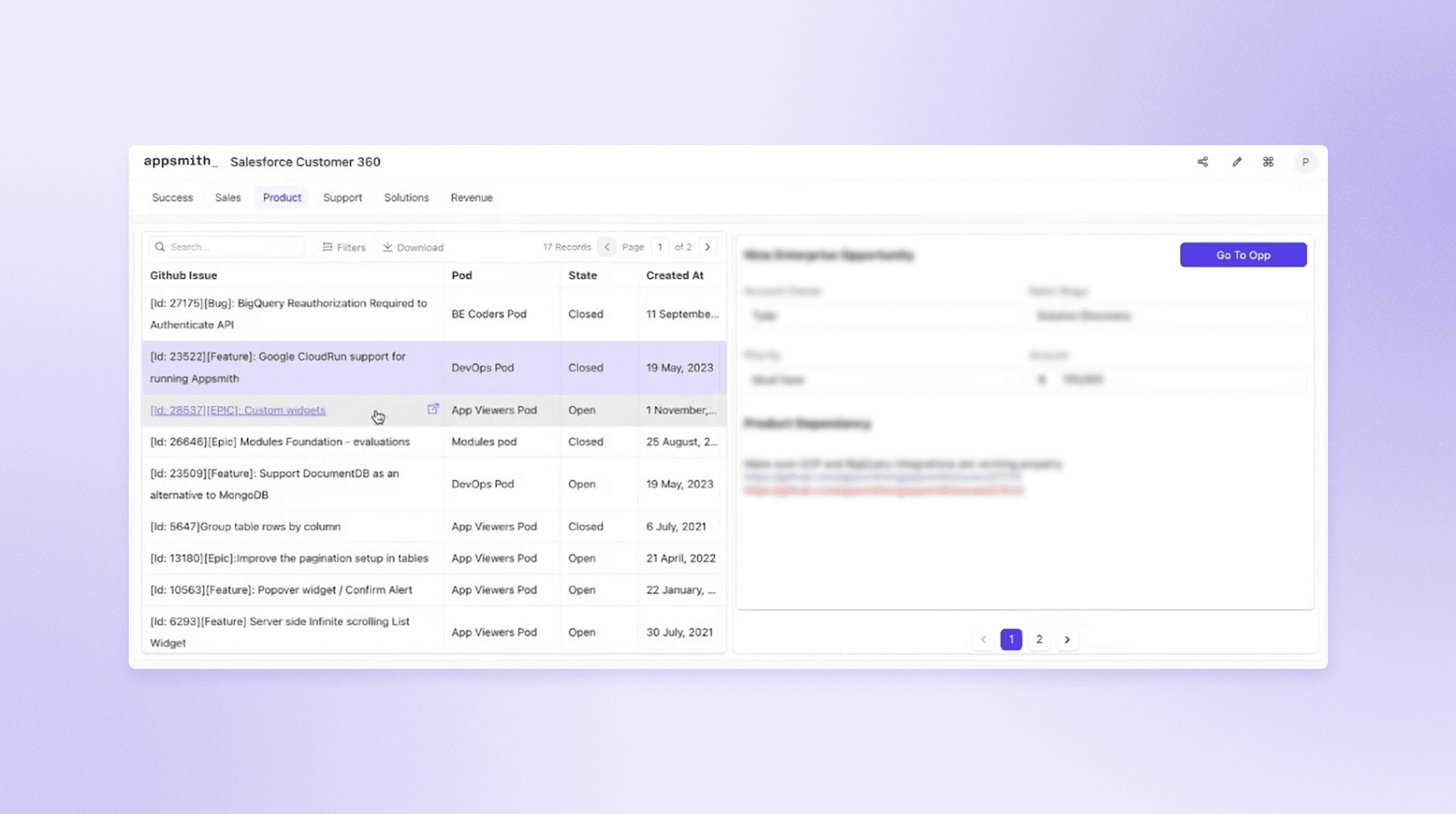 Image showing the different features requested by different customers to help the product team prioritize features.