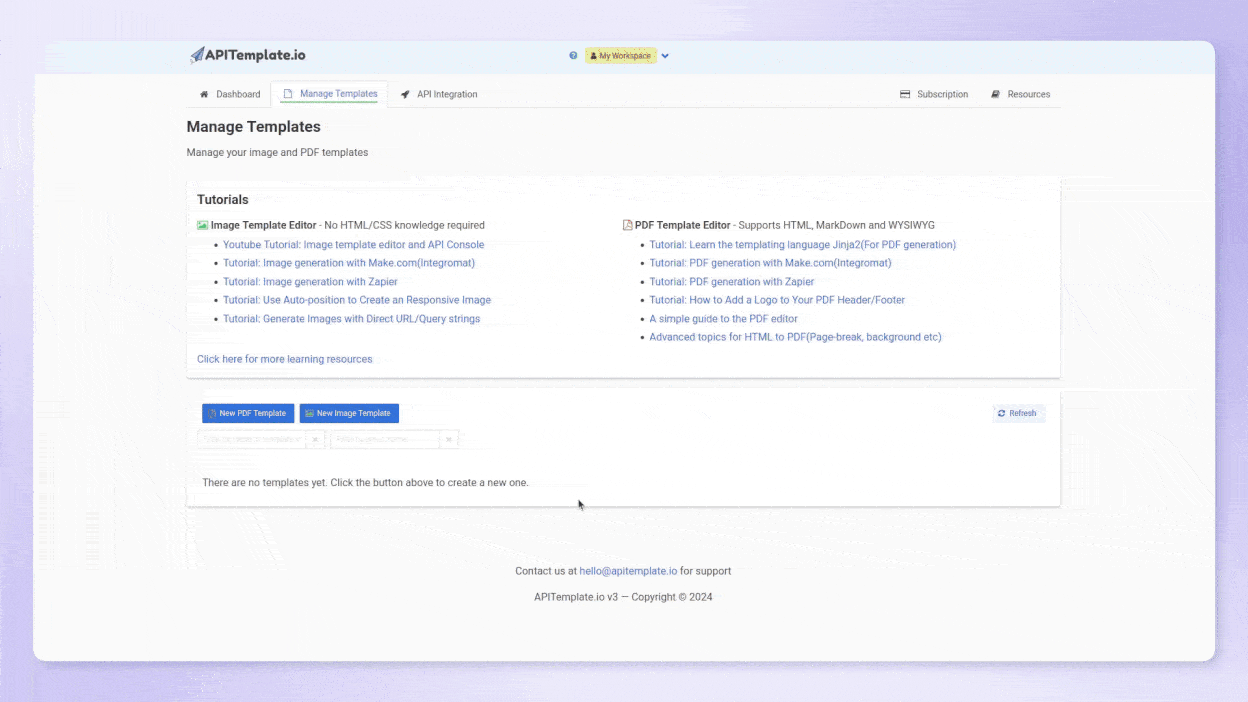 Screen recording showing how to create a new PDF template in APITemplate.