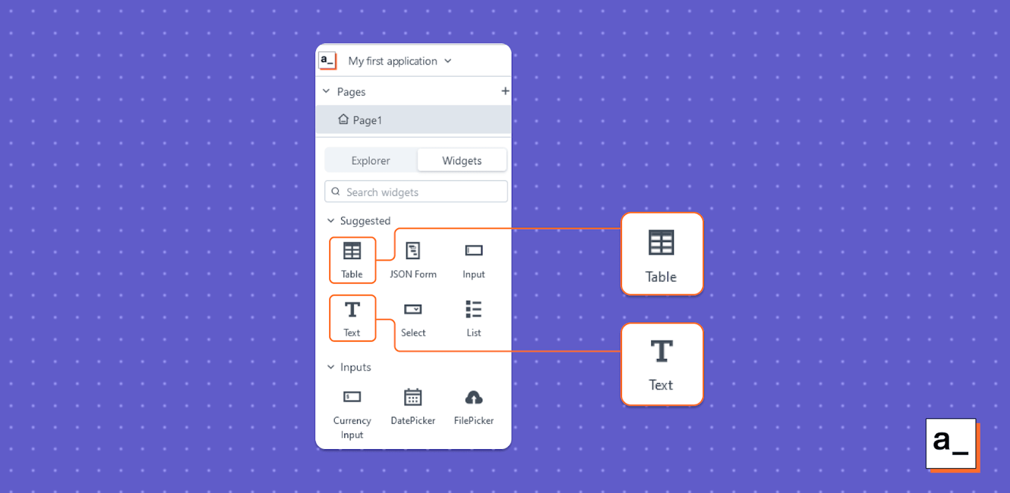 Screenshot of the widget gallery in the Appsmith interface.