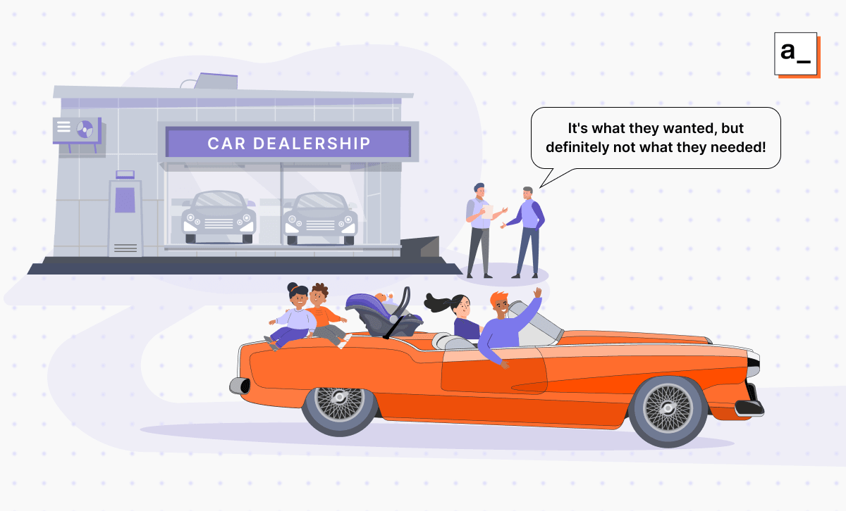 A large family has just been sold a two-seater sports car — children are clinging to the outside of the car, demonstrating that what is always wanted isn’t what is going to be appropriate for the task.