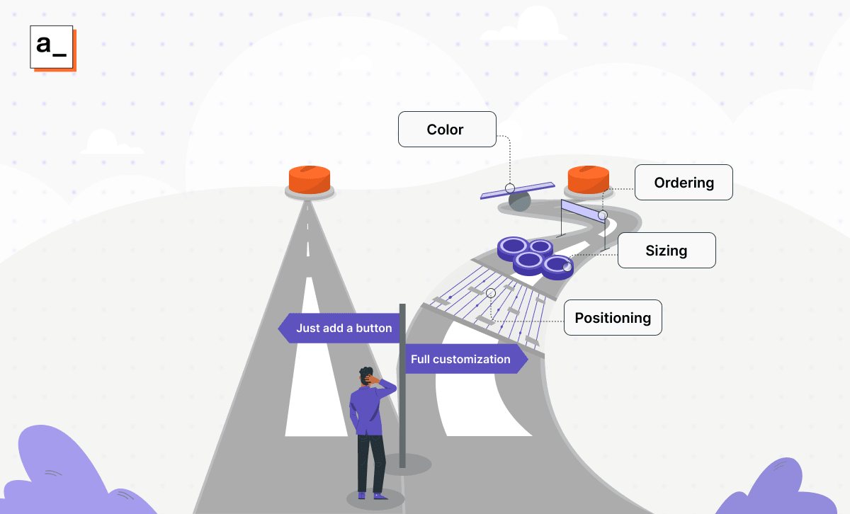 A user at a crossroads: one path has a simple path to a big red button; the other path has an obstacle course with “positioning,” “ordering,” “sizing,” “color,” etc. eventually leading to an identical button.