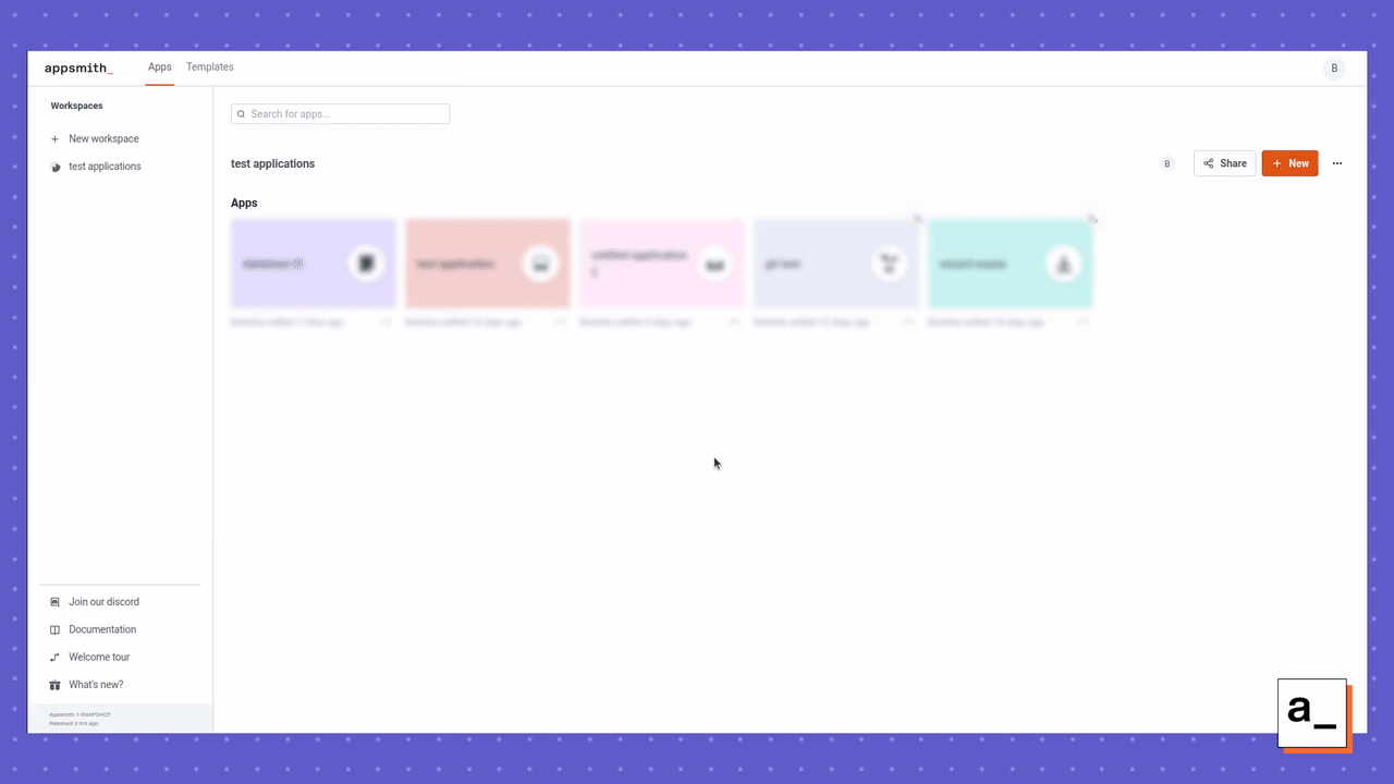 Screen recording showing the location of the button to create a new application in Appsmith.