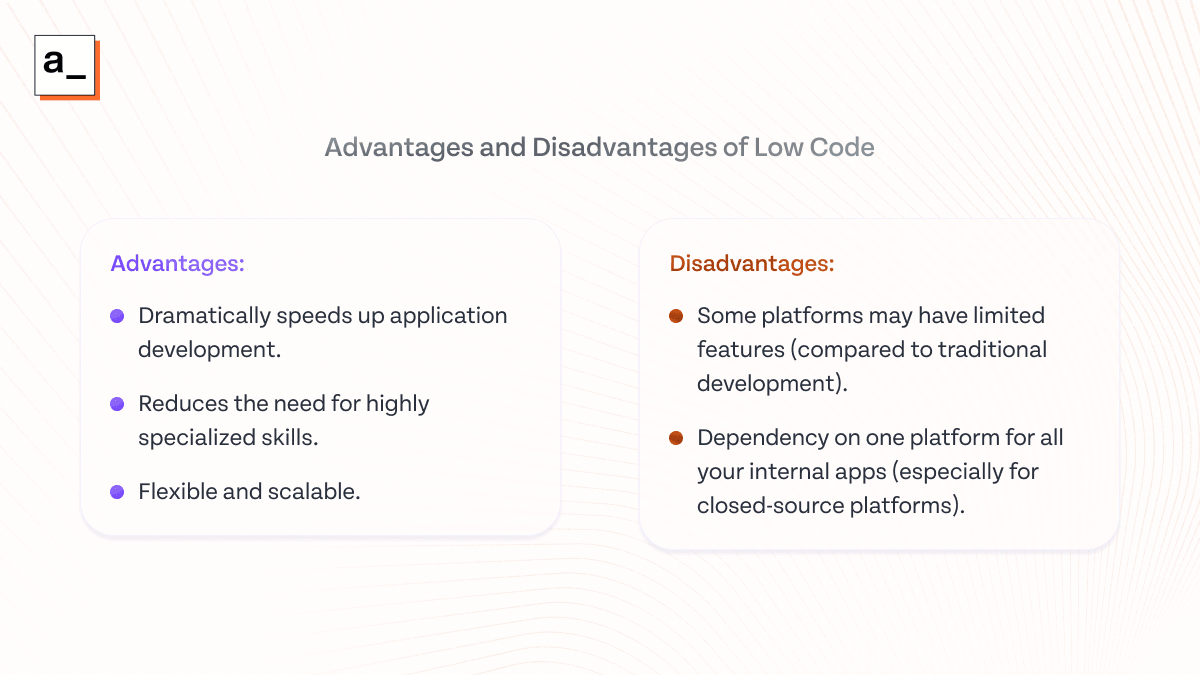 Comparison of the pros and cons of low-code tools.