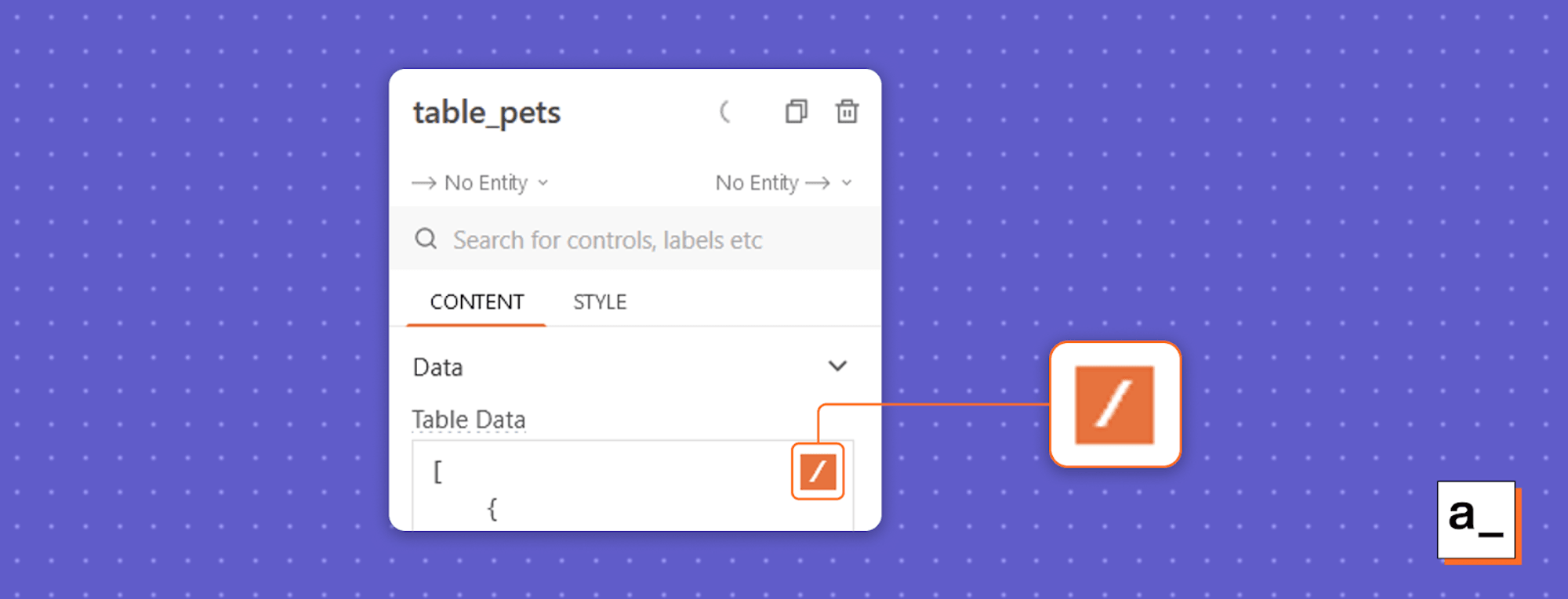 Screenshot showing the Table Data property and the button to connect the table to a datasource.