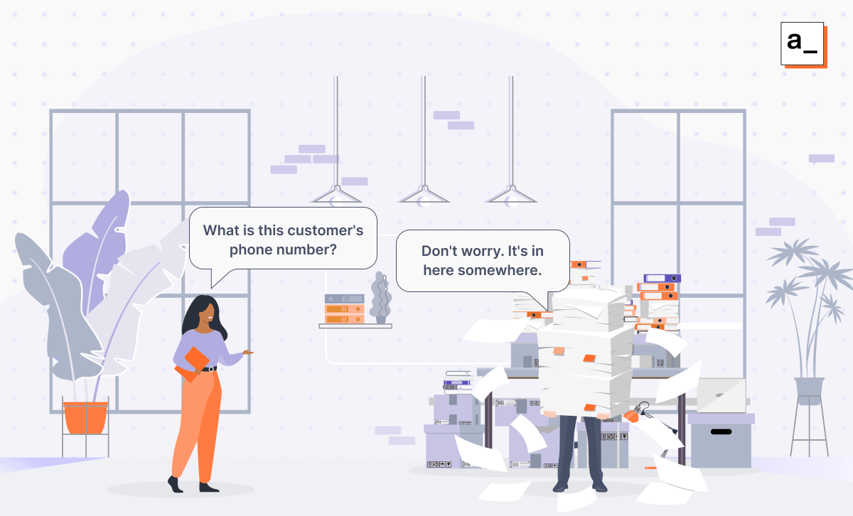 One person is requesting the customer's phone number, while the other person is struggling to locate it within a large stack of documents.