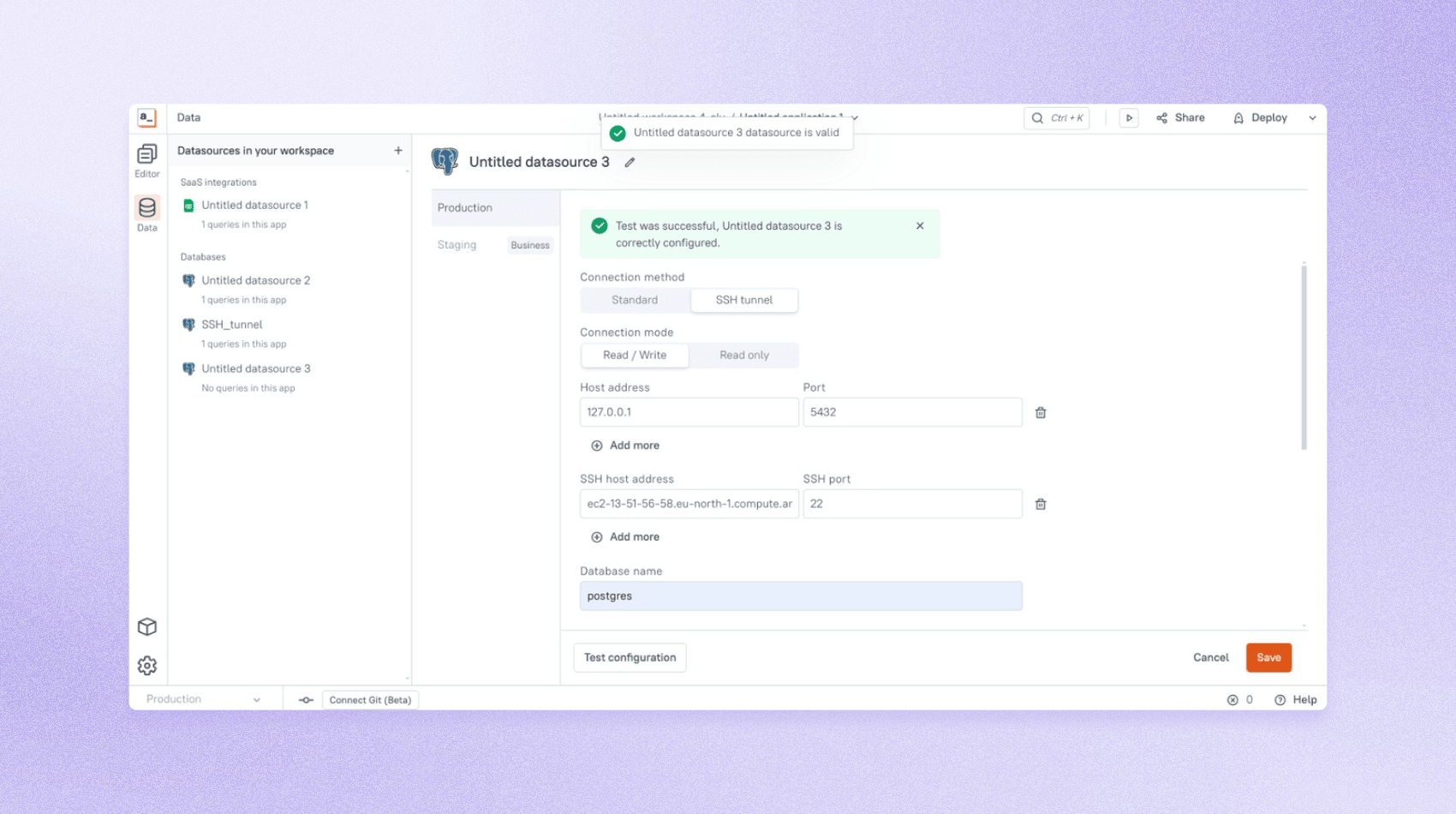 An image with lilac background and a screenshot of PostgreSQL SSH Tunnel support
