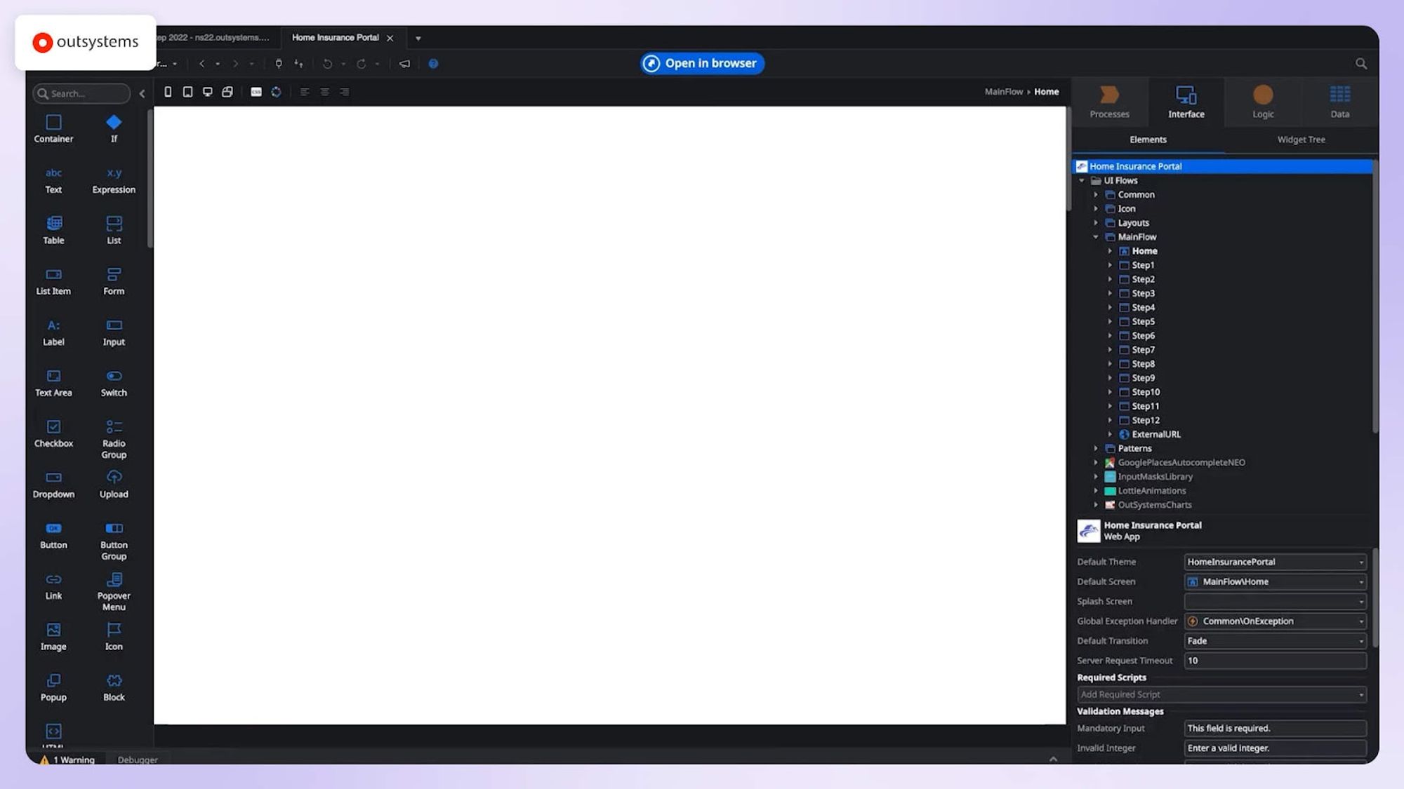 A screenshot of a Dashboard of OutSystems