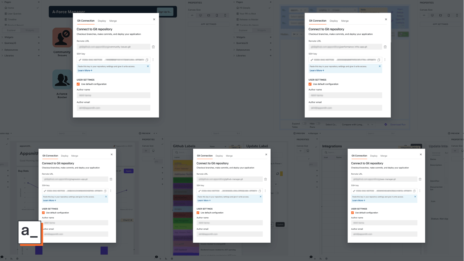 Get past private repo limits in Appsmith Business and connect as many apps as you need to their own repos without making them public.