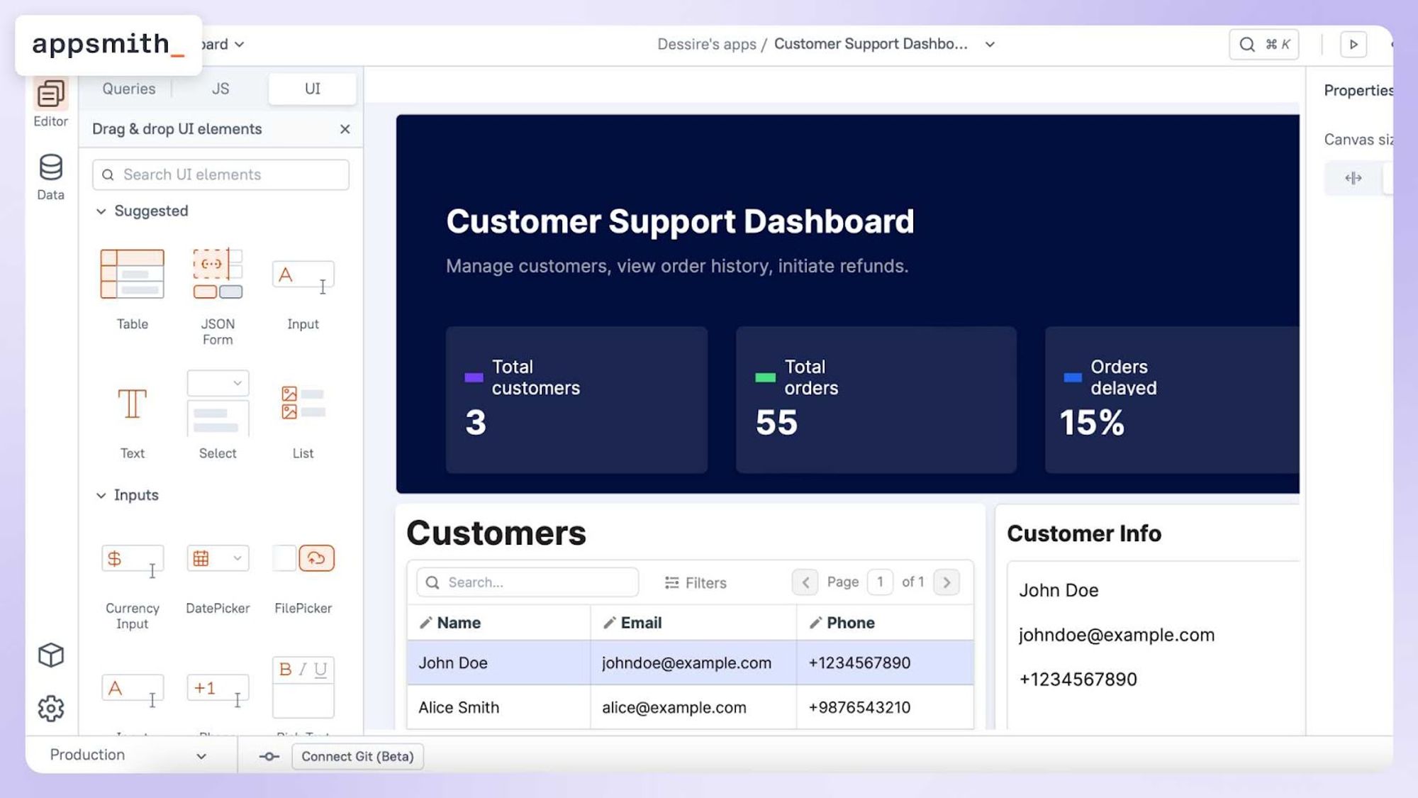An image with a lilac background and a screenshot of Appsmith UI