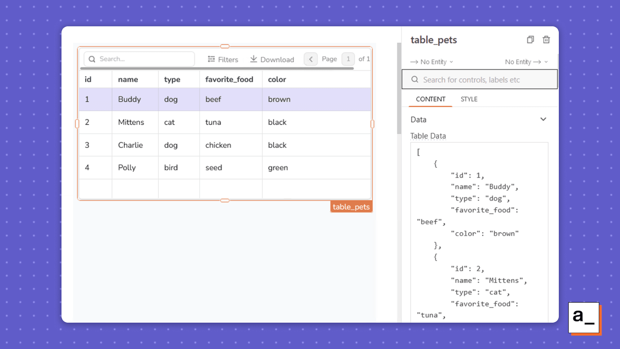 Screenshot showing a new table after it’s been placed on the canvas and populated with example data.