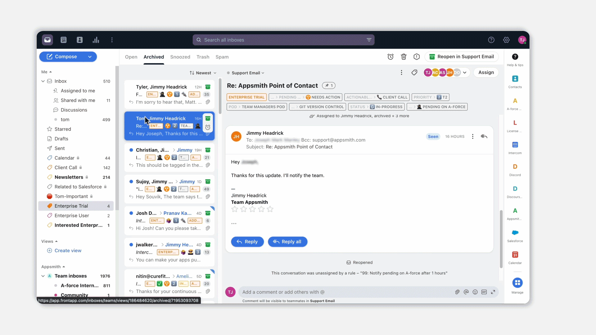 An Appsmith app extends Salesforce and Front.