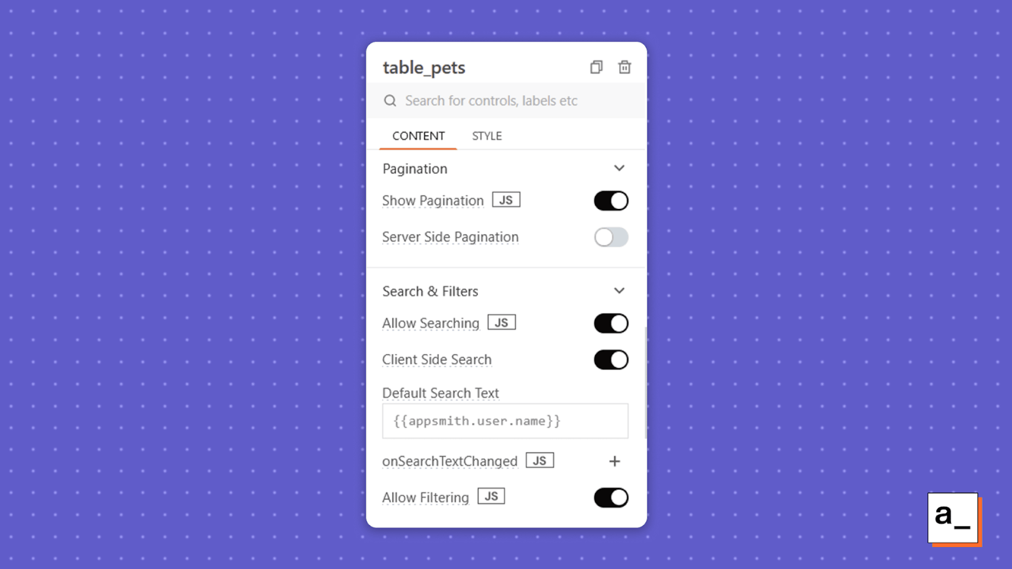 Screenshot showing how to toggle table functionality.